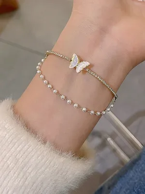 Butterfly & Faux Pearl Decor Layered Bracelet